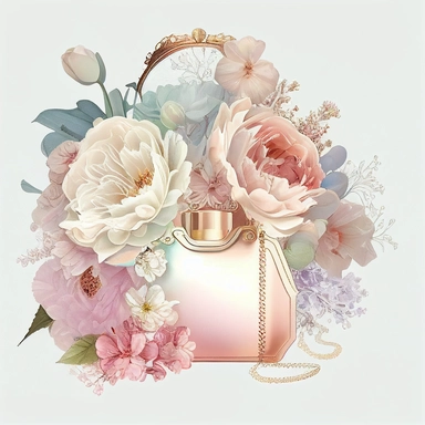 fashion composition with flowers, designer purse, designer parfum girly, lace, colorful, iridescent, elegant, glamor, sophisticated, atmosphere, white background, clipart