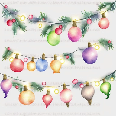 christmas lights garland, clipart, watercolor, white background