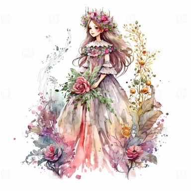 watercolor Cute Beautiful princess Clipart floral fantasy, Cartoon, hyper realistic, intricate detail, illustration style, high resolution, on the white background