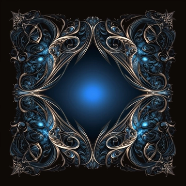 Filigree borders or frame clipart, hd, detailed, on black background, square. A square hollow frame against the dark night, in the style of dark silver and and blue, curves, changelingcore, fine lines, delicate curves, eerily realistic, ravencore