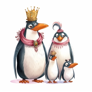 a fairy cute Royal Penguin Family clipart , the parents and two kids wearing the coronation robe and crowns and smilling and happy , white background