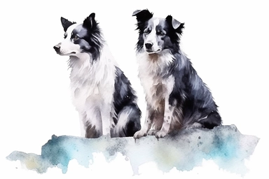 2 watercolor border collie dogs sitting down looking back over their shoulders, Clipart, hd, isolated on a white background, spaced out