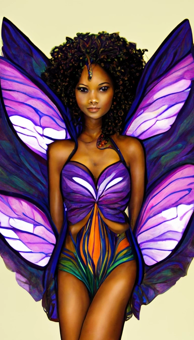 a full body beautiful winged butterfly queen, Colorful wings attached behind her back, Realistic huge life-like colorful wings, She has the ability to fly, floating over a dark purple flower, melanin, a beautiful face, natural makeup, clipart portrait with brown skin, Large colorful realistic detailed butterfly wings, insanely detailed and intricate, flying in a beautiful Forrest, deep in the woods, matte painting, cinematic, cgsociety,, ross tran