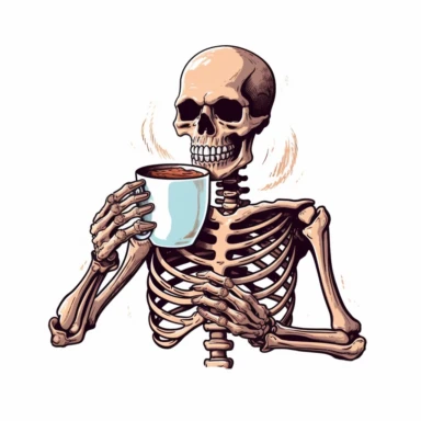 clipart of a skeleton torso holding a cup of very hot coffee in his hand with his fingers and desperately drinking it , even skeleton is addicted to coffee and can't get by without drinking it