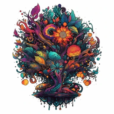 trippy zen hippie life tree floral vibrant plant arrangement with luminous lotus fluid waxy melty smooth polished insanely intricate detailed Clipart sublimation sticker art
