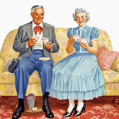 Vintage Illustration, An elderly couple sitting on a couch, probably 60-70 years old, a women with a glass of milk in her hand, cheesy 50s vintage clipart image by cynthia flanders, in the style of traditional costumes, photomontage, Full body view, Super wide angle view, whitcomb-girls, light indigo, gigantic scale, romanticized femininity, contrasting 8k