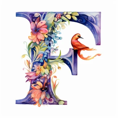 Watercolor illuminated initial, letter F, Clipart, F, witchy, magical, whimsical, white background, png