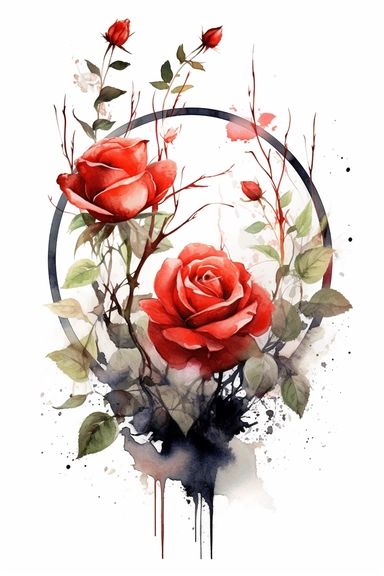 beautiful red roses,clipart,watercolor,green leafs,circle reed ,sharp details
