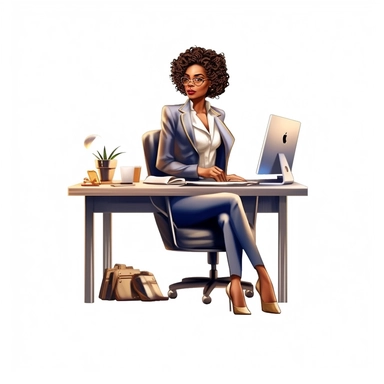 african american lady boss wearing fashionable bold clothes, sitting at the desk and working on the computer, realistic illustration, clipart, isolated on white background, 4K