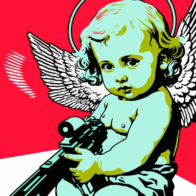 pop art baby sweat angel with machine gun K 112 drawing clipart animation realistic comic modern art