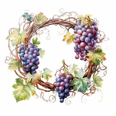 watercolor ultra realistic and hyper detailed illustration of a Grapevine wreath with intertwined branches, clipart, white background