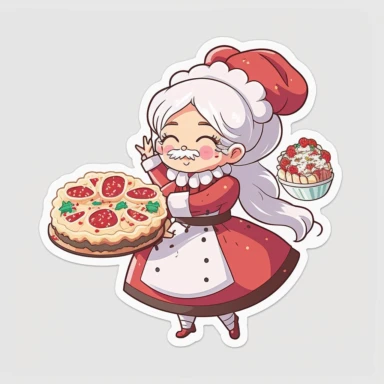 vector sticker design, anime style Mrs Claus baking clipart, white background, flat colors