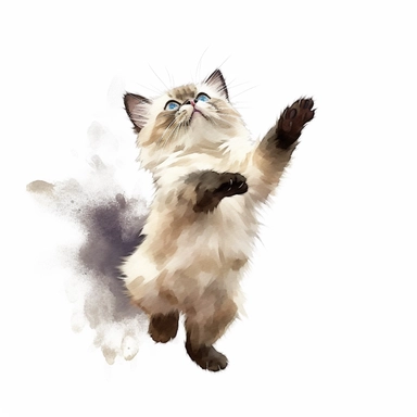hand painted watercolor clipart, cream black colored birman kitten jumping in the air and leaping forward wants to grab something, profile view, excited expression on face, childlike innocence and excitement, full body visible, hairs are visible, visible tail, I can't believe how cute, professional watercolor drawing, watercolor paper texture on drawing, isolated on white background