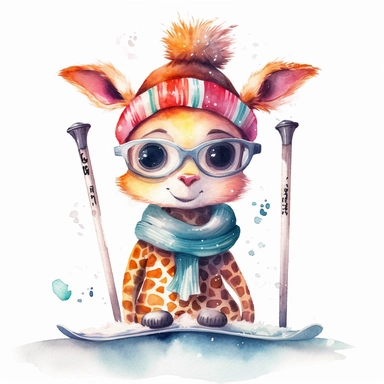 Cute giraffe BABY, BEAUTIFUL big SHINING EYES ,HAPPY, dressed like skier on skiis in snow, Watercolor Little Animals Clipart, COLORFUL