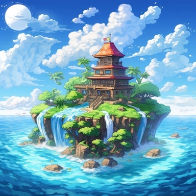 /v5_upscale, bright day, island in the blue sea house with pam clipart, high detail, spaced outultra scale, detailed, extremely bright, charming, stunning, extremely detailed, miracle, amazing, mercury clouds illumination, light background, vitamins, with holographic , dragon ball Jin the Turtle Master Roshi, anime legends