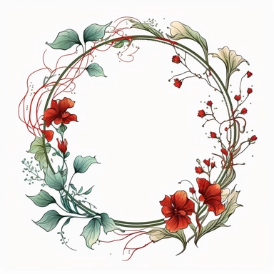 circle Botanical Frame, red flowers, white background, clipart, art nouveau
