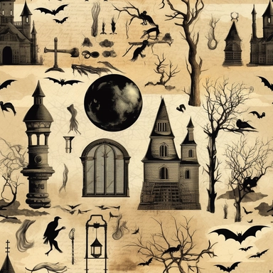 158: Create a Halloween-themed clipart bundle featuring vintage gothic elements such as bat silhouettes, spiderwebs, and black cats. The clipart should be in PNG format with transparent backgrounds, and the colors should be dark and moody. Include a set of antique Halloween digital papers with eerie textures and spooky patterns like haunted houses and full moons. Offer a discount bundle for those who purchase both.