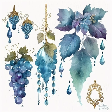 blue rococo grape jewels icicles watercolor clipart