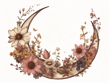 vintage pressed flowers, in a crescent moon shape, for a T-shirt graphic, minimalist, white background with margins, clipart style