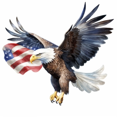 flying bald eagle with american flag in his talons, clip art, white background