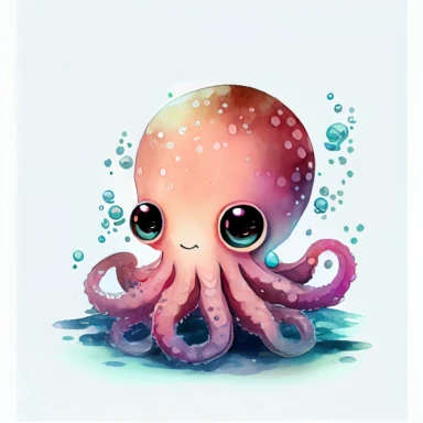 cute pink octopus with big head, big eyes with curled eyelashes, watercolor hand draw Illustration clipart, 4K, extremely detailed