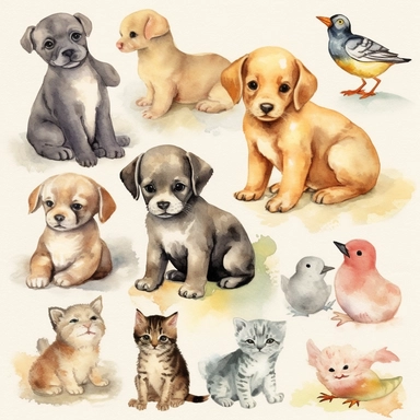 vintage 50's watercolor clipart baby animals
