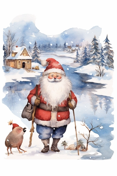 christmas theme Watercolor Cute santa claus wearing red & blue Clipart Collection in beautiful winter landscape with a lot of snow and a small lake, christmas theme, detailed, isolated, white background, one pattern,