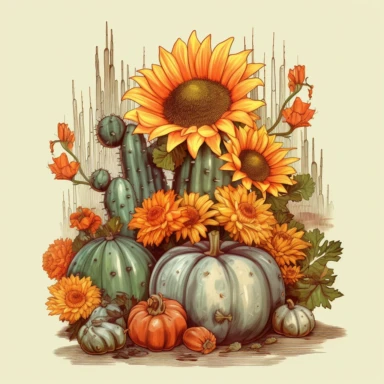 ultra realistic hand drawing of cacti with pumpkins at the feet of the cacti with sunflowers and mums clipart