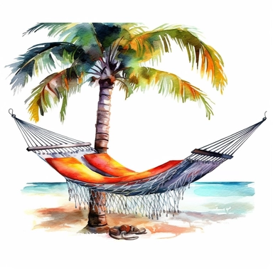 watercolor colorful clipart of a relaxing hammock, hd, on white background