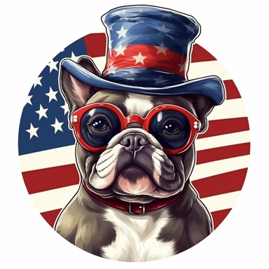 sticker, background american flag, french bulldog, full body, in style Independence Day in usa, hat with an american flag, clipart
