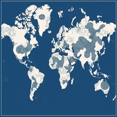 Create a clipart of a stylized, minimalistic world map. Keep the design clean and sleek, with minimal details and crisp lines. Use a limited color palette that complements each other, such as shades of blue or earth tones. This type of clipart can be used in various contexts, including educational materials, presentations, websites, and more. Its simplicity and versatility make it suitable for a wide range of purposes, while the unique stylized approach adds a touch of visual appeal.
