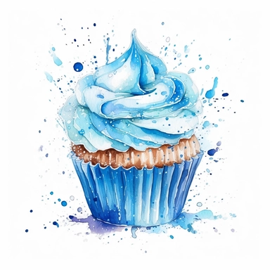 blue cupcake. splashes and sparkles. white background. clipart. watercolour