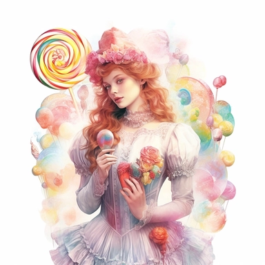 Fairytale style beautifull over realistic victorian styled dressed girl in the candyland with watercolor effect,candyland scene,candies,fantasy style,realistic features,vibrant colors,suitable for digital clipart,white background