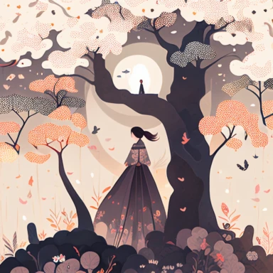 in the style of Ryo Takemasa, xuan loc xuan, Lisa Audit, Anastasia Suvorova, Jon Klassen, greg tocchini, single lady under sakura tree at night, fantasy, limpid, magical, mysterious, white background, vector, clipart, elaborate, ultra-detailed, best quality illustration, vibrant colors, high definition, UHD