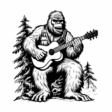 bigfoot playing a guitar in black and white clipart