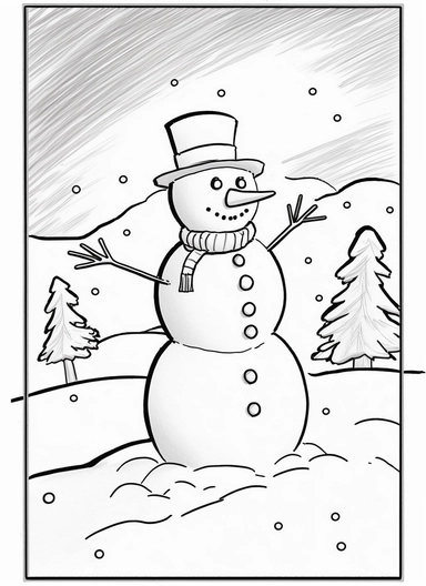 line art, black and white, snow man, christmas, happy mood, cartoon sketch, coloring page for kids, coloring page for children, thick lines, realistic, drawing, printable outlined art, crisp lines, No background, clip art, hand drawn, No shadows, drawing, No gray, no shades, high contrast. The line art should be clean and crisp, with uniform thickness and minimal shading, to provide a user - friendly coloring experience.
