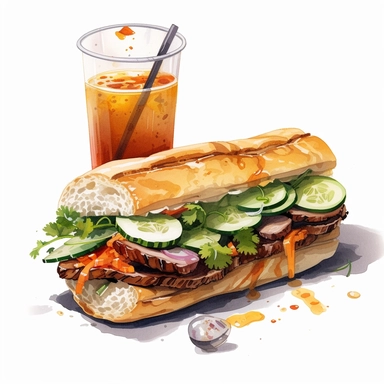 watercolor, hyper realistic, white background, white margins, 16k, ultra detailed clipart, cut out image, hand-drawn Vietnamese banh mi sandwich with grilled pork, pickled vegetables, cilantro, and mayonnaise, served on a crusty baguette, with a cup of Vietnamese iced coffee on the side. in the style of anime art, frostpunk, photo-realistic drawings, villagecore, lively and energetic, high quality, anime