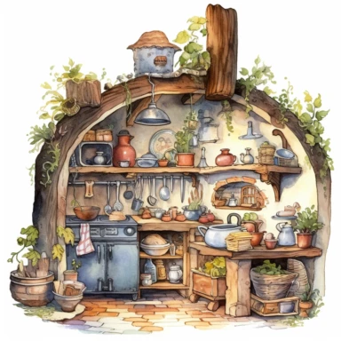 A hyper - detailed illustration watercolor clipart of a whimsical kitchen of a fairy house built out of natural materials by a human, complete kitchen utensil and kitchenware and foods in preparation watercolor illustration, illustration style a combination of Beatrix Potter and Tove Jansson, isolated on white background with margins, cut - out images, zoom on table , close up view