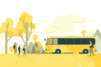 modern yellow bus in a countryside with happy people around. front shot, minimalist style, infographic illustration style character, Kurzgesagt animation style, thick lines, infographic animation style. Very minimal detail. 2D drawing, clip art, trending on video hive, After Effects, colorful, flat shade. solid untextured white background