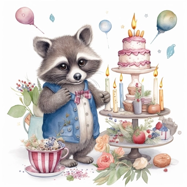 clipart of baby raccoon in birthday party with a balloons, cake with candles, illustration on white background, in the style of victorian - era clothing, embroidery, beatrix potter, 32k uhd, grainy, flickr, plush doll art, watercolor art by Susan Wheeler and Marjolein Bastin