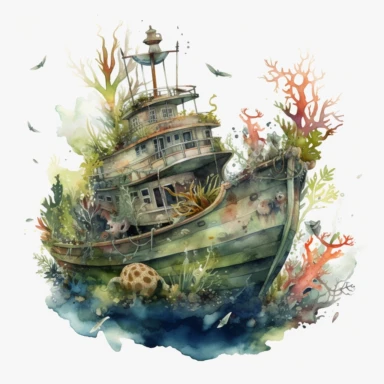 Horror style overrealistic mystical submerged pirate ship covered mosses and seashells bottom of the sea with watercolor effect, dark blue water, dark green mosses, deep water, sea plants, coral and mussel, , random fishes, undersea details, suitable for digital clipart, white background