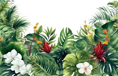 tropical plants background vector clipart, in the style of panoramic scale, white background, magali villeneuve, uhd image, creative commons attribution, unique framing and composition