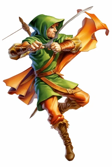 Clipart style, full-body figure of Robin Hood fighting, disney cartoon characters, low detailed, aquarel painting style, volume and bright colors, white background