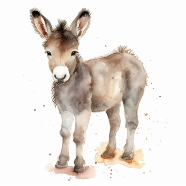 a vibrant baby donkey with kind eyes clipart with watercolor illustration,full body shot,8k,etsy style, white background