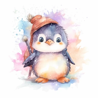 A fairytale style cute fairy baby penguin going to kindergarten with watercolor effect,suitable for digital clipart,white background,magical twinkles,magical scene,fairy soft colors