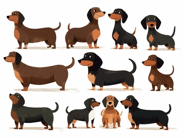 full body images of a cute friendly happy black and brown dachshunds and as DIGITAL CLIPART with WHITE BACKGROUND IN THE ART STYLE OF OLIVER JEFFERS