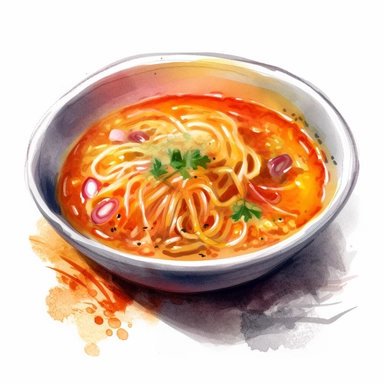 A bowl of soup: Generate a watercolor clipart of a bowl filled with hot soup, such as chicken noodle or tomato. Add ingredients like carrots, onions, and noodles to make the clipart more visually interesting. Use darker colors to create a warm, inviting f