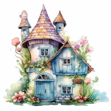 a whimsical watercolor summer fairyhouse, sublimation clipart,featuring cozy house, painted in soft pastel shades of blue, pink, green, and yellow, with intricate details such as flowers, vines, and shingled roofs, fine brushes, and various shades of pastel paint pigments, isolated on a white background,single object, print on demand image, PNG transparent background, white background for removing background - - no text shadow font watermark