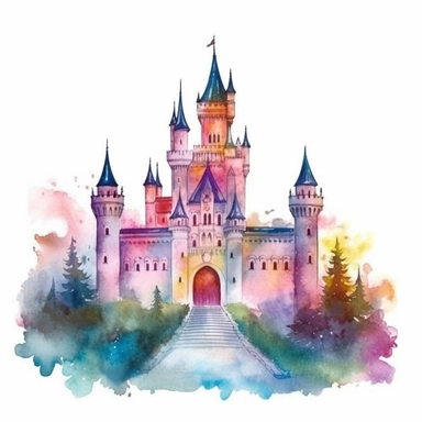 Whimsical watercolor fairytale castle clipart, singular dreamy landscape, pastel colors, magical kingdom, isolated on white background, in the style of leonid afremov, Disney castel