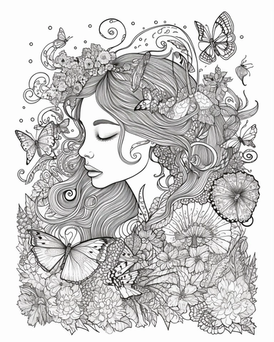 The coloring page features a girl surrounded by an array of psychedelic swirls and patterns, created using simple line art techniques. The girl is surrounded by a swarm of butterflies, adding an ethereal and dreamlike quality to the image. The design is filled with a variety of watercolor-related terminology, such as wash, blend, and color bleed, which give the image a sense of fluidity and movement. The colors used are bright and bold, with a range of pinks, purples, oranges, and yellows, that 